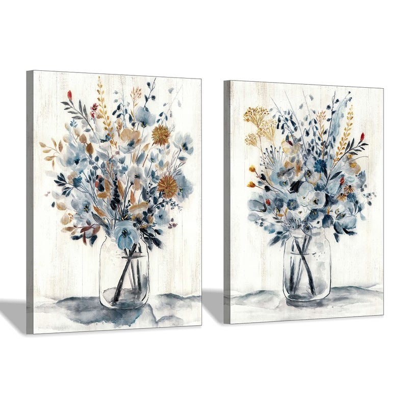 Hardy Gallery Floral Painting Canvas Wall Art: Abstract Flower Bouquet in Glass Bottle Picture Print for Dining Room (18'' x 24'' x 2 Panels) - Image 1